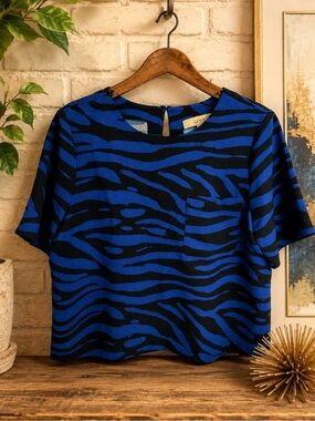 LOFT short-sleeve boxy top - bold, royal blue and black zebra animal print.